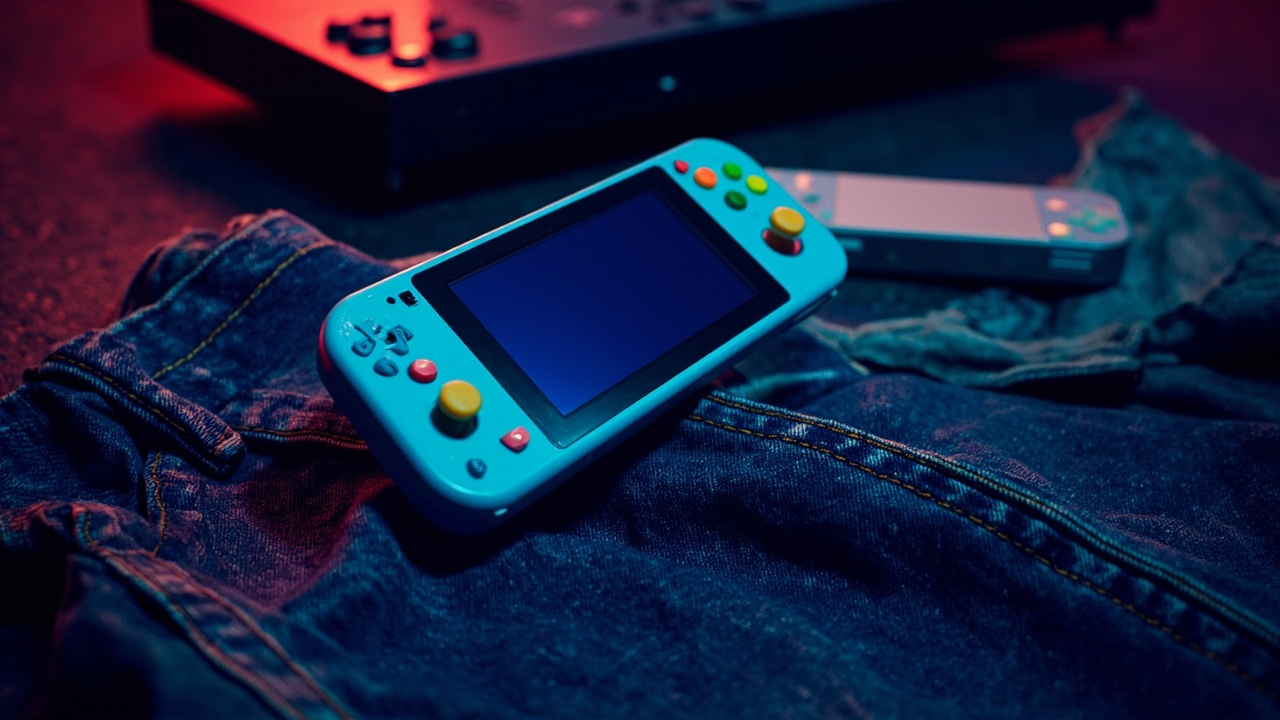 Illustration: A blue handheld gaming console with colorful face buttons and a yellow thumbstick rests against a pair of denim jeans, with a second lighter-colored handheld device lying on a dark surface in the background.