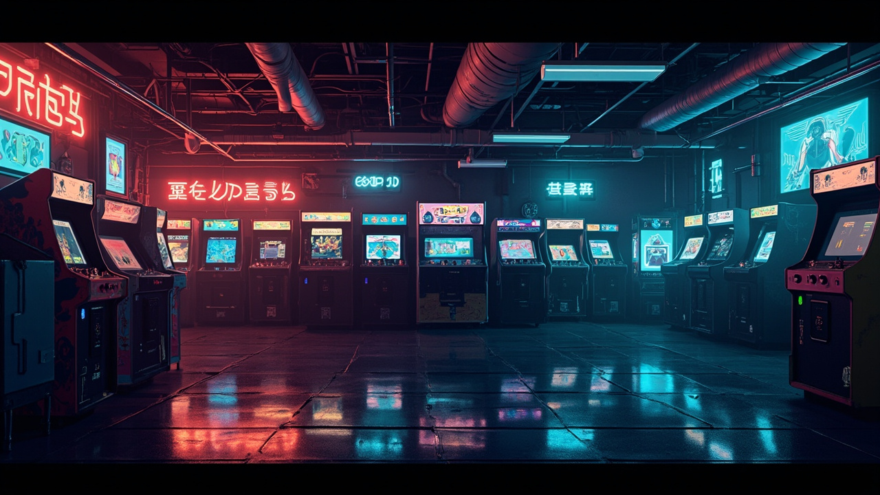 Illustration of a neon-lit retro arcade interior