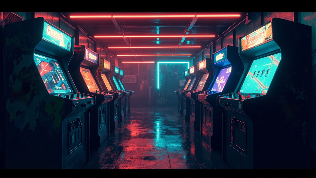 Illustration of a neon-lit retro arcade interior