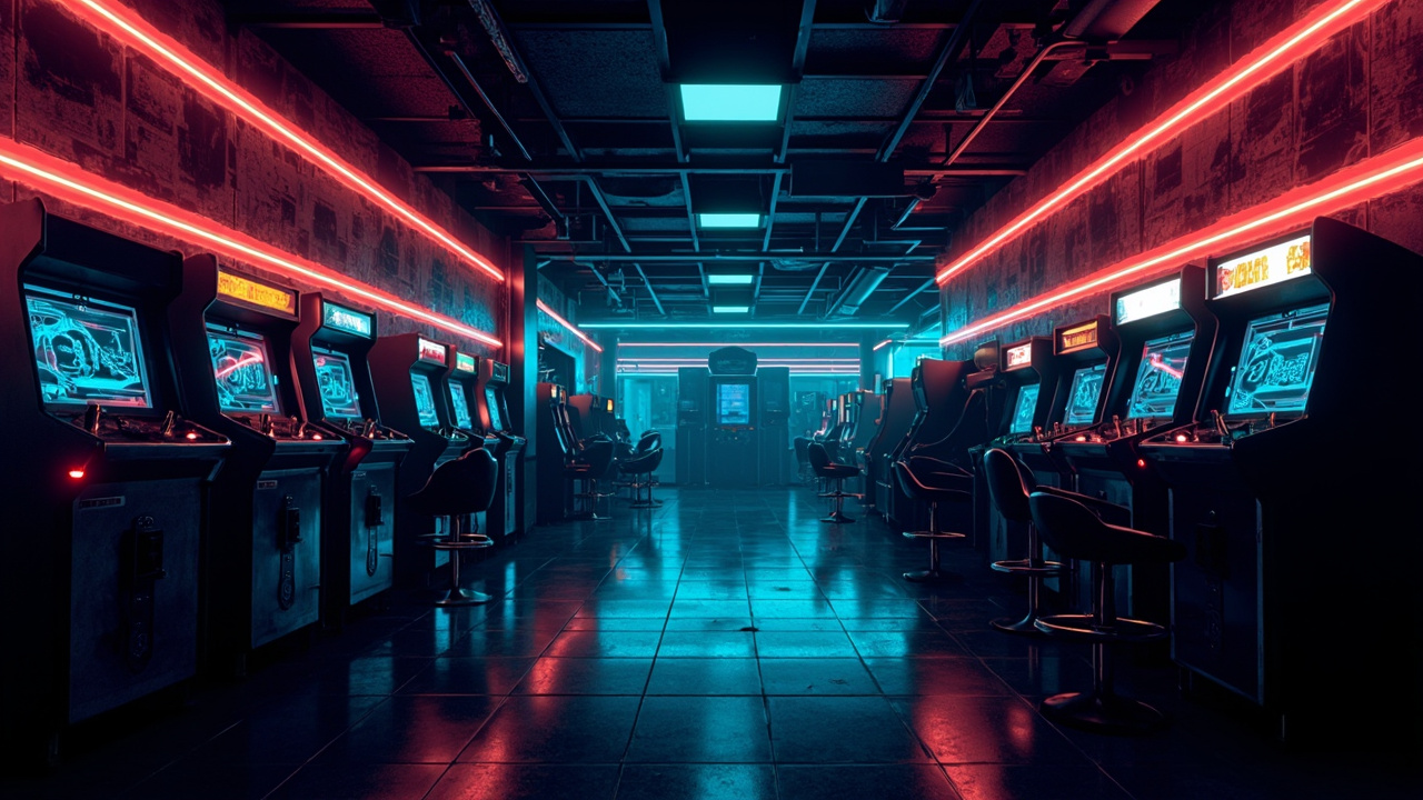 Illustration of a neon-lit retro arcade interior