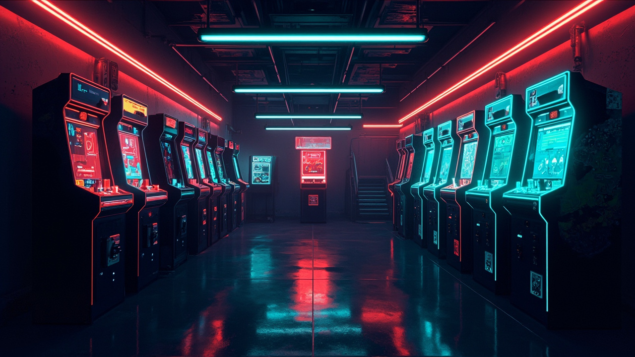 Illustration of a neon-lit retro arcade interior