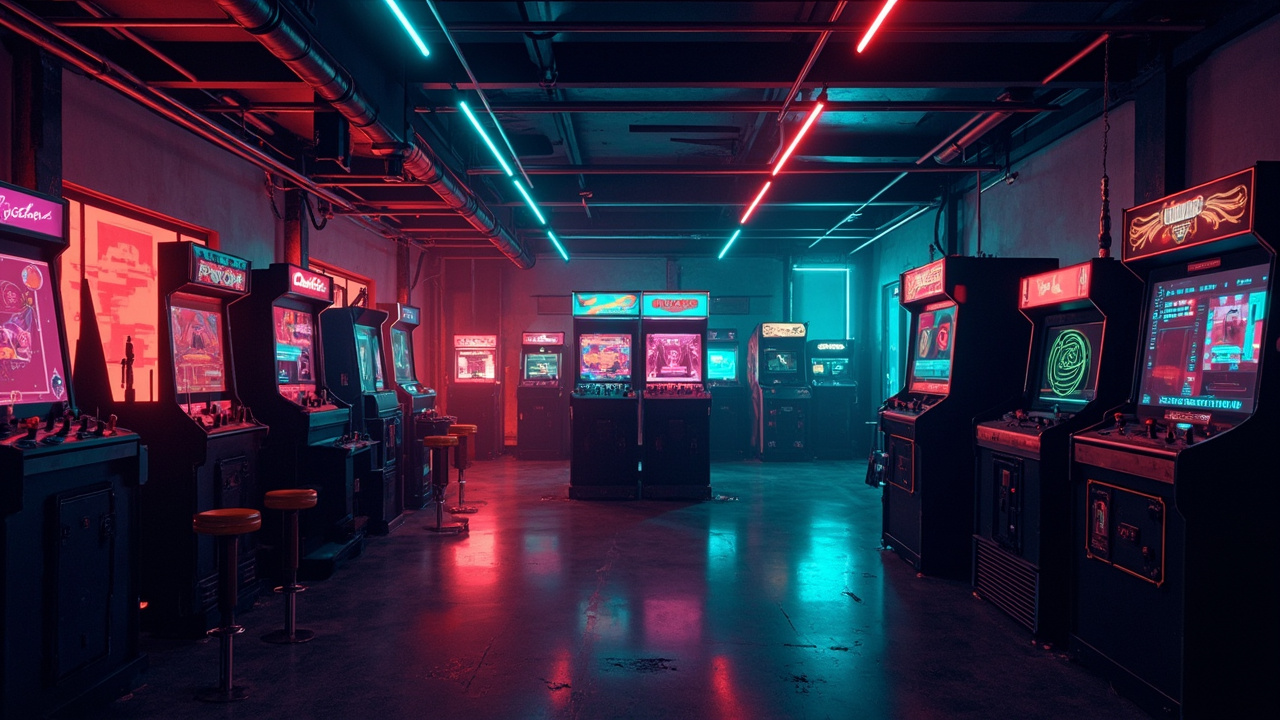 Illustration of a neon-lit retro arcade interior