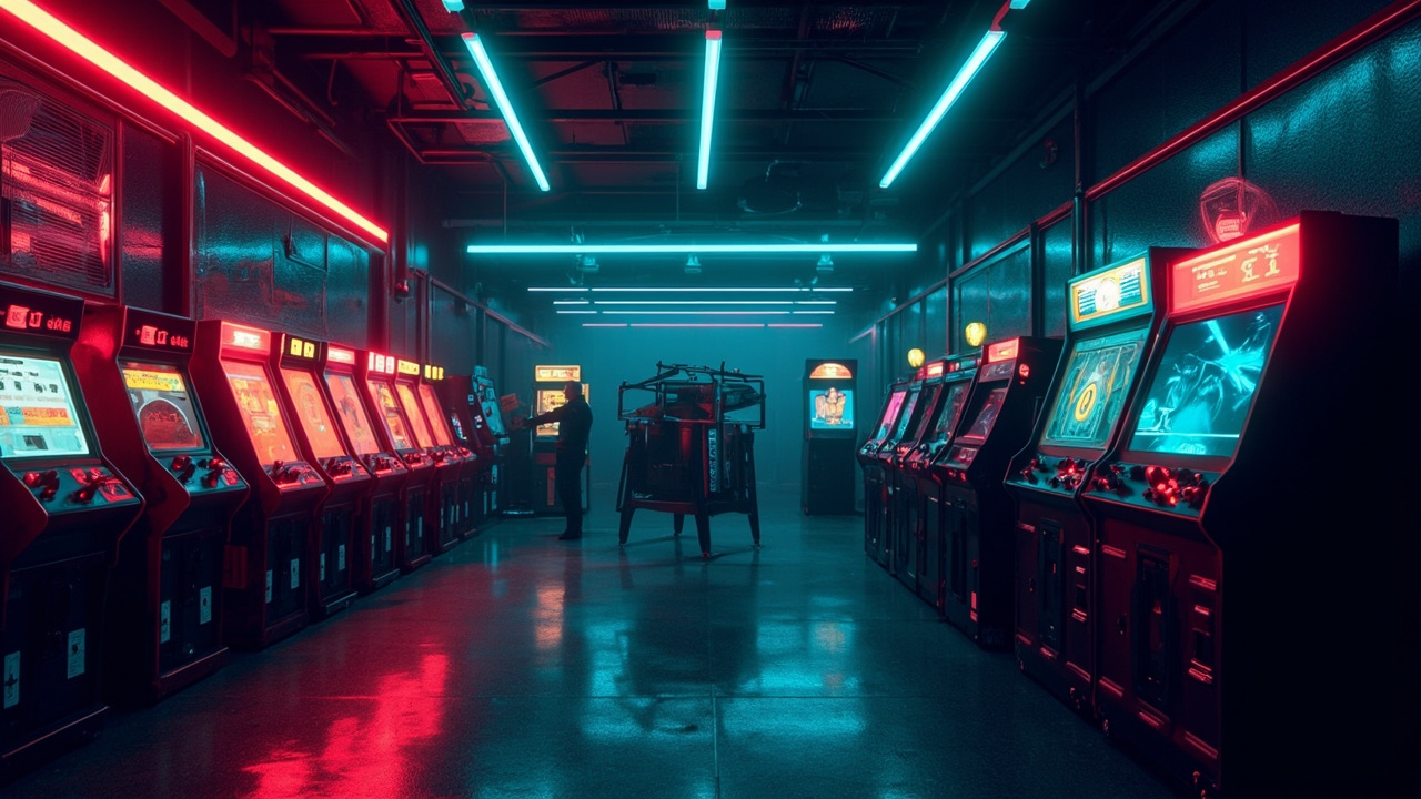 Illustration of a neon-lit retro arcade interior
