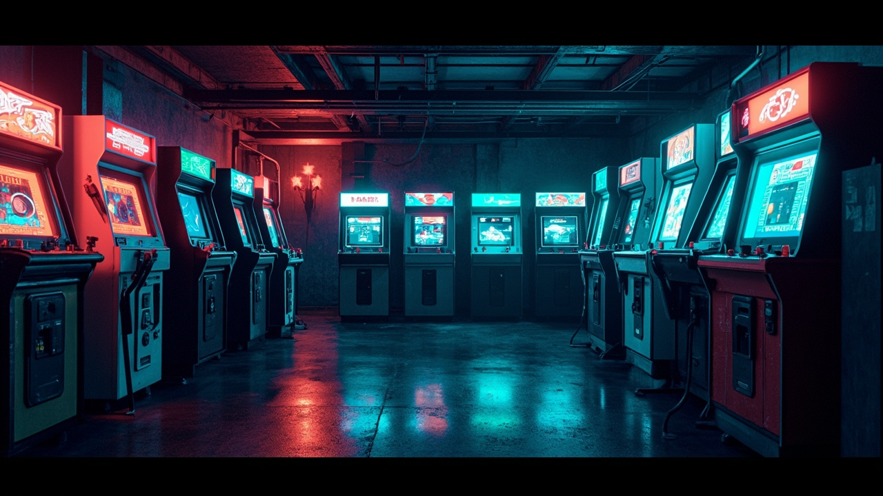 Illustration of a neon-lit retro arcade interior