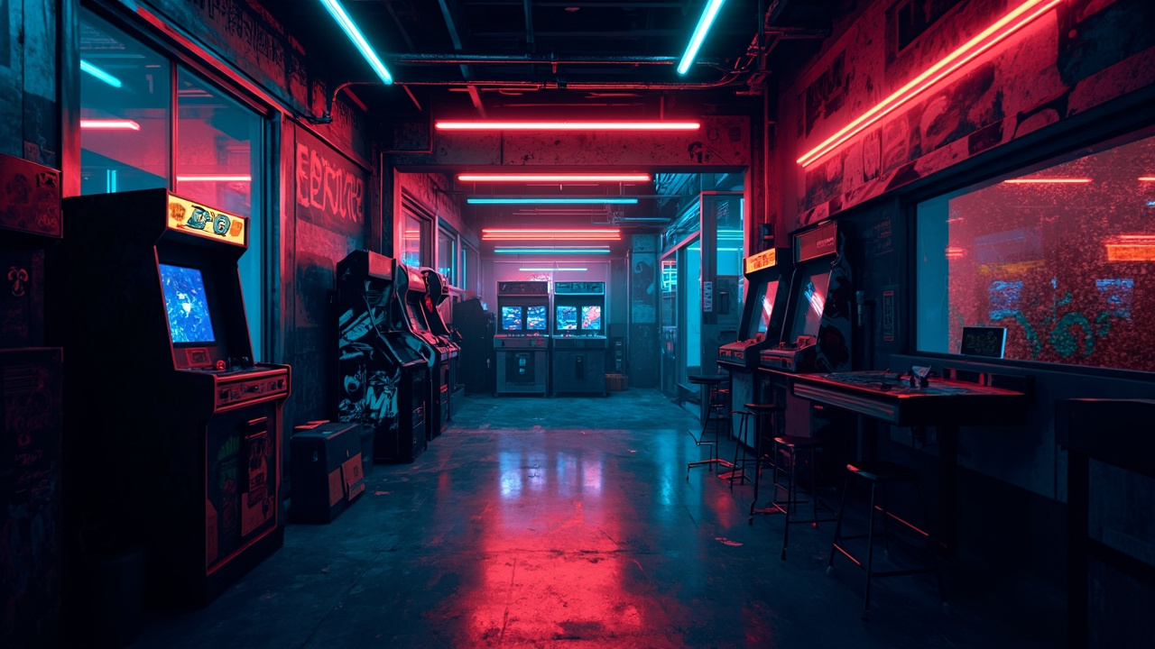 Illustration of a neon-lit retro arcade interior