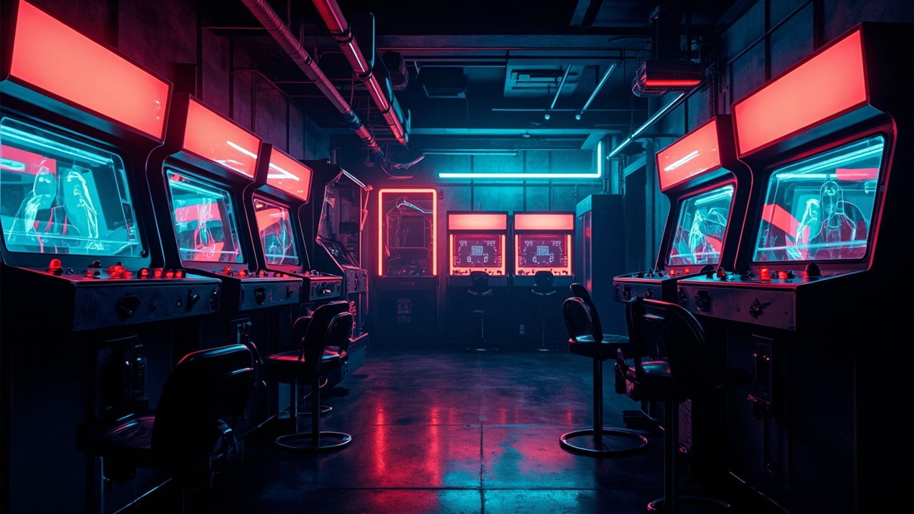 Illustration of a neon-lit retro arcade interior