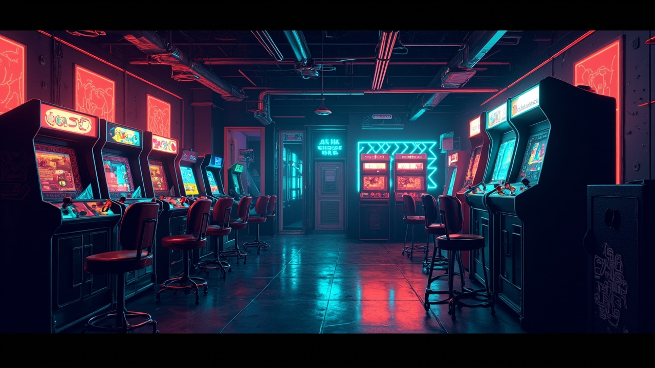 Illustration of a neon-lit retro arcade interior