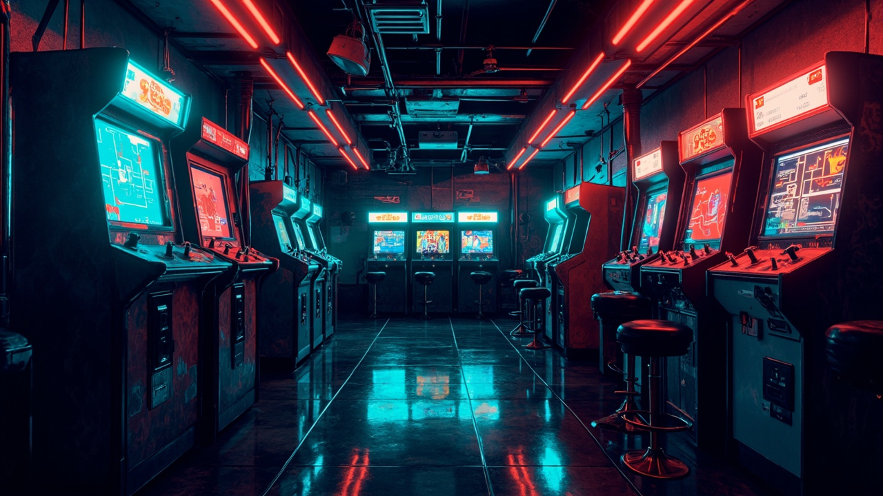 Illustration of a neon-lit retro arcade interior