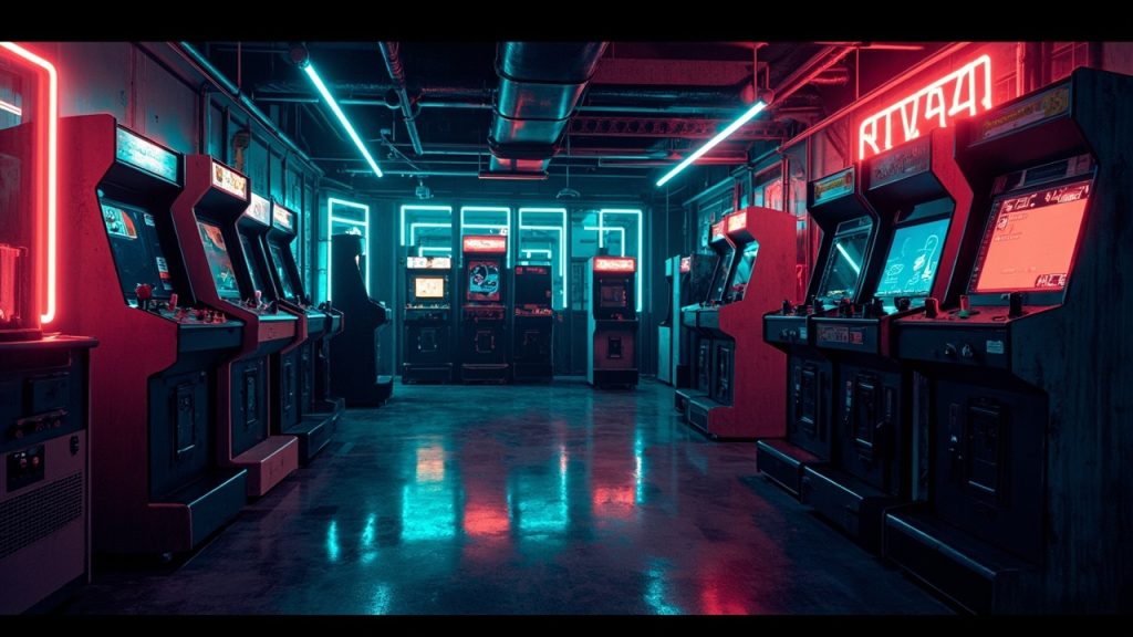 Illustration of a neon-lit retro arcade interior