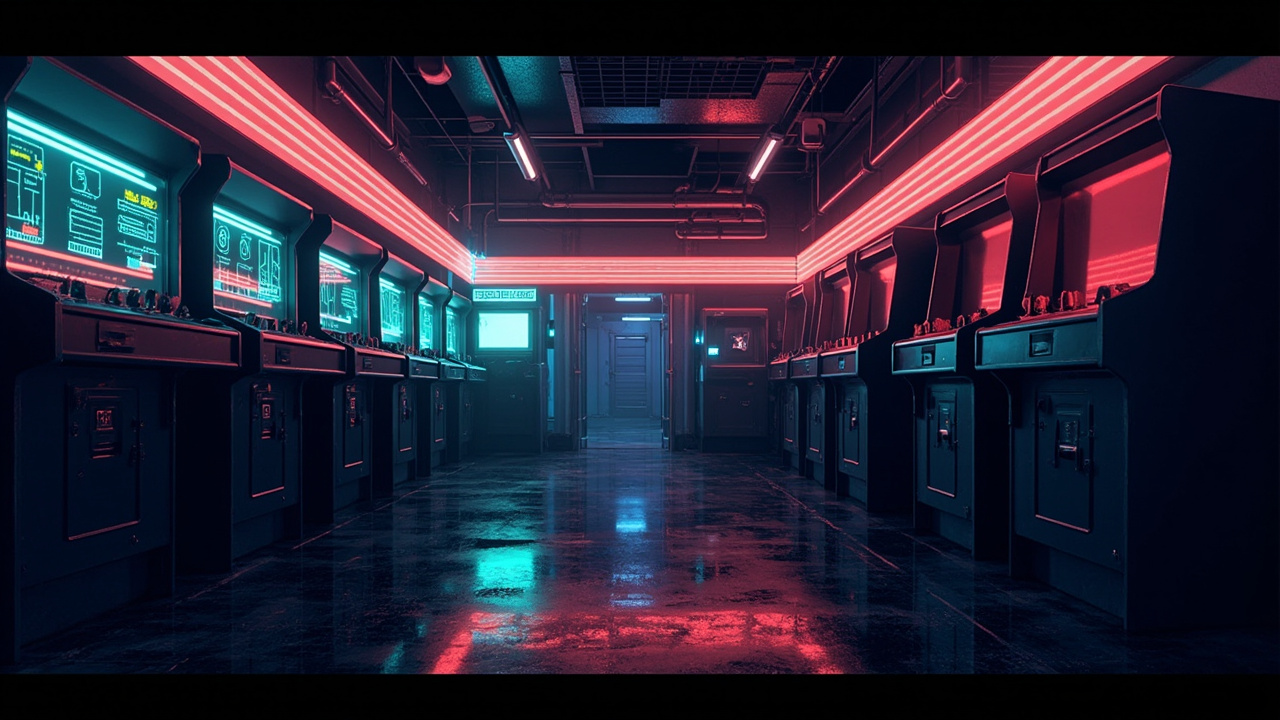 Illustration of a neon-lit retro arcade interior