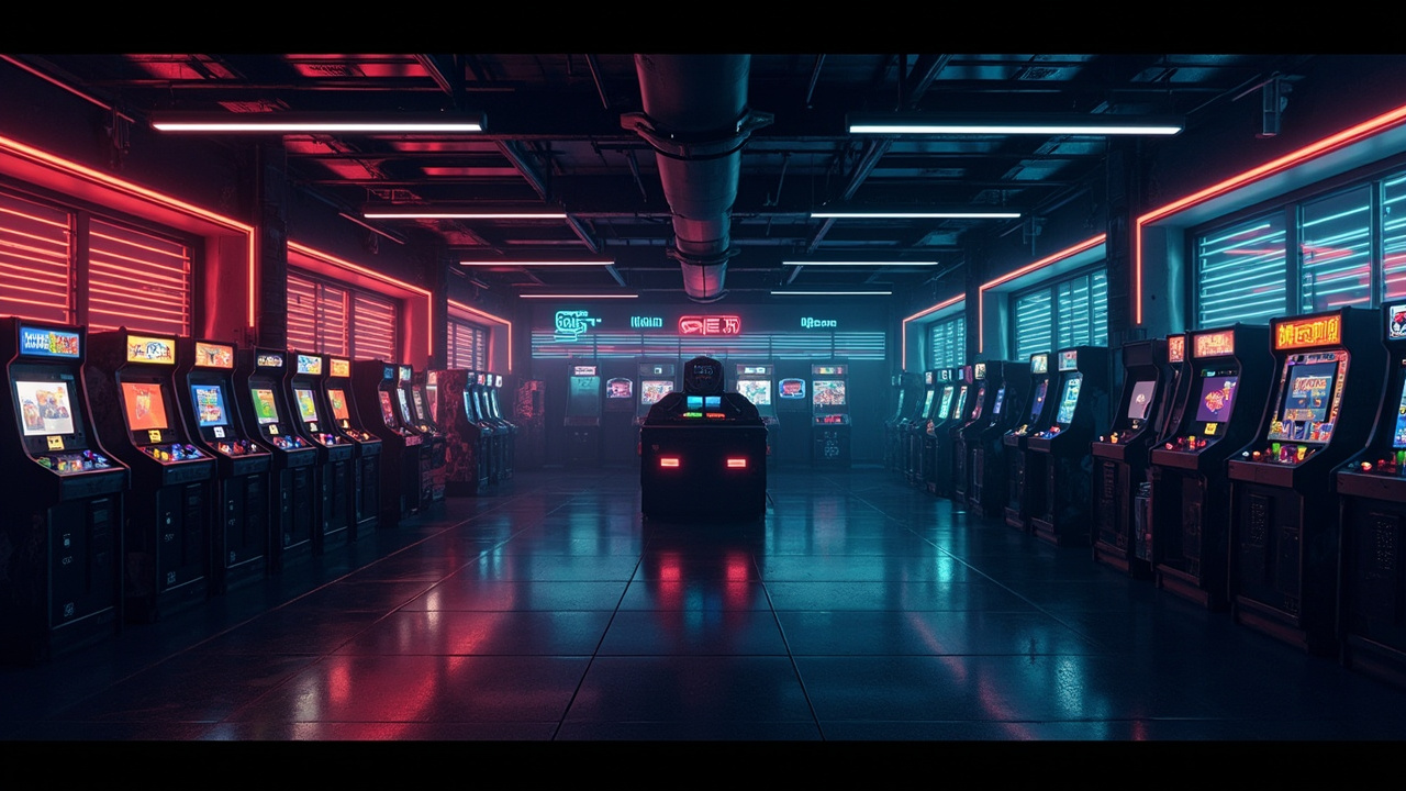 Illustration of a neon-lit retro arcade interior