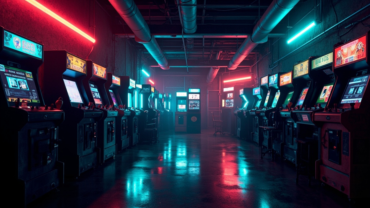 Illustration of a neon-lit retro arcade interior