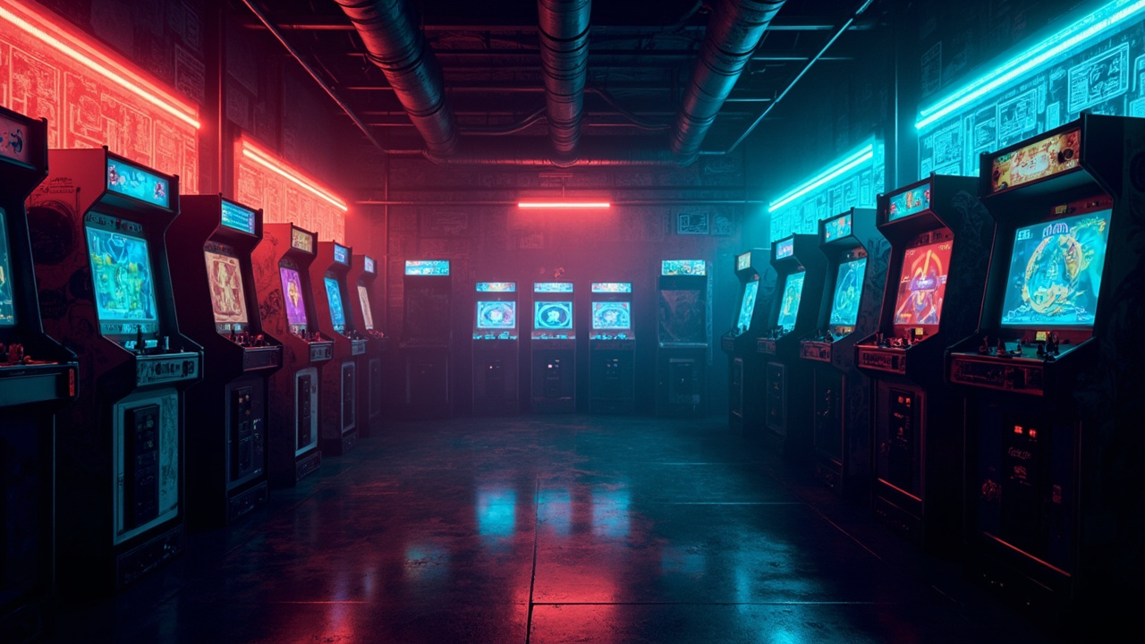 Illustration of a neon-lit retro arcade interior