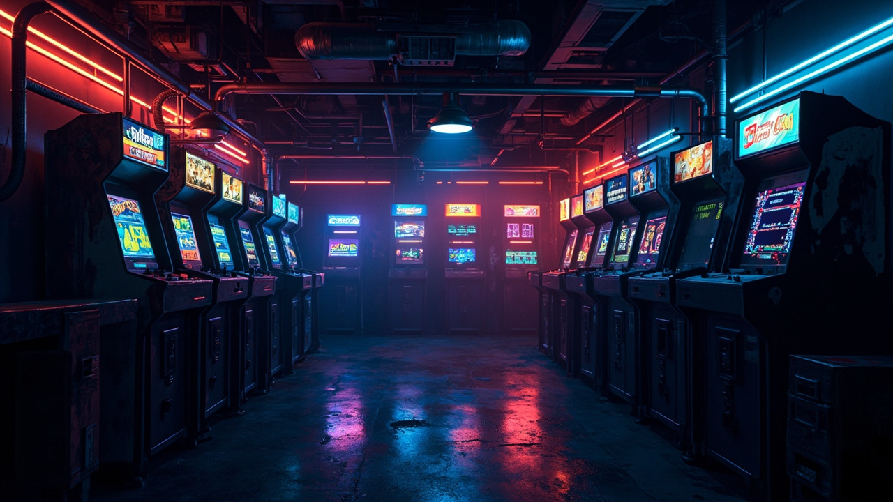 Illustration of a neon-lit retro arcade interior