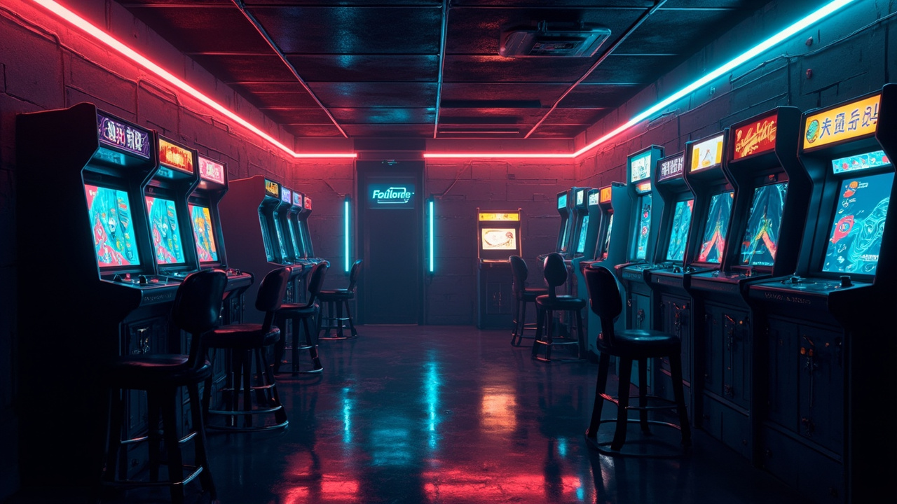 Illustration of a neon-lit retro arcade interior