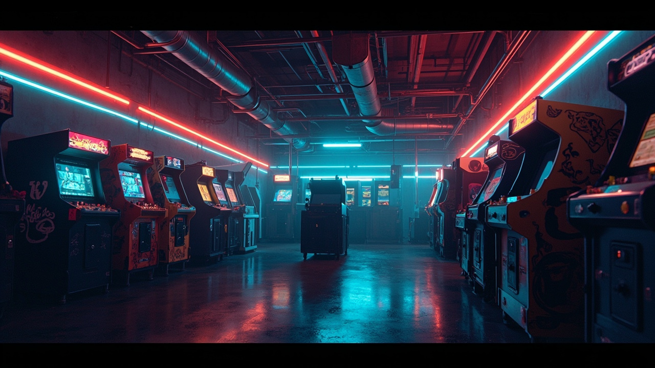 Illustration of a neon-lit retro arcade interior