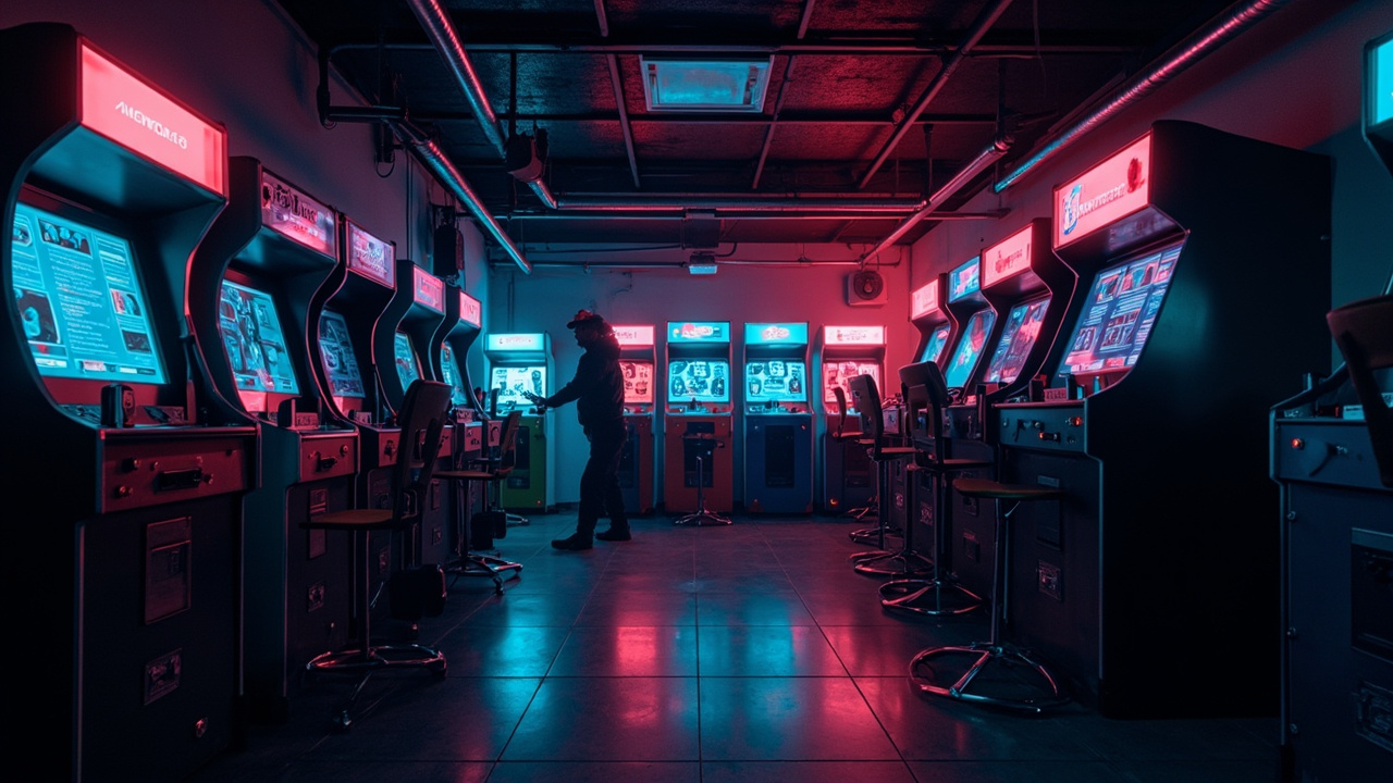 Illustration of a neon-lit retro arcade interior