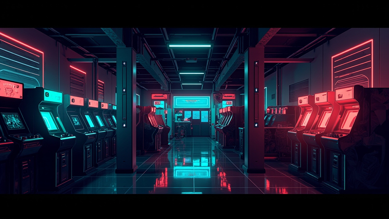 Illustration of a neon-lit retro arcade interior