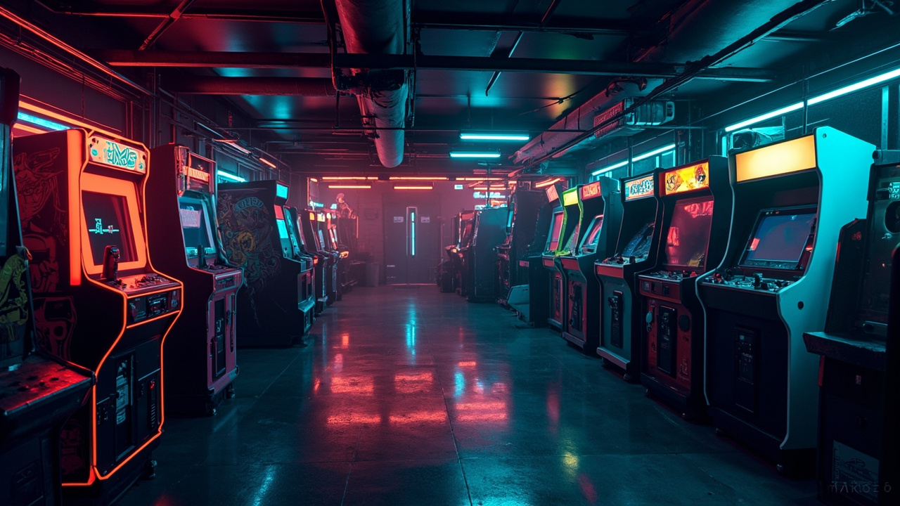 Illustration of a neon-lit retro arcade interior