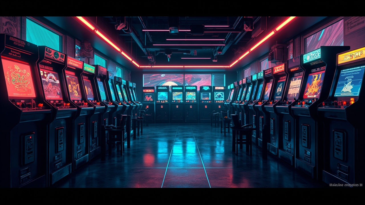 Illustration of a neon-lit retro arcade interior