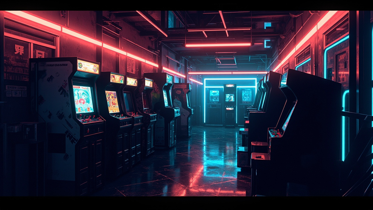 Illustration of a neon-lit retro arcade interior