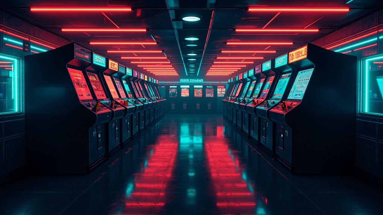 Illustration of a neon-lit retro arcade interior