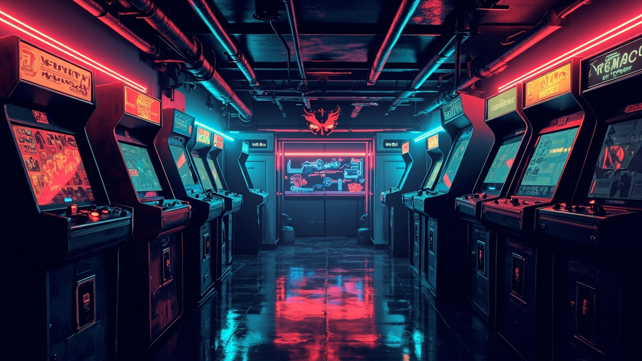 Illustration of a neon-lit retro arcade interior