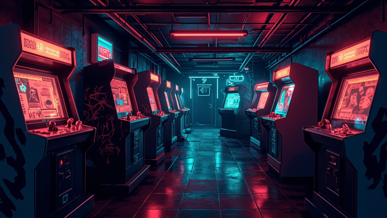 Illustration of a neon-lit retro arcade interior