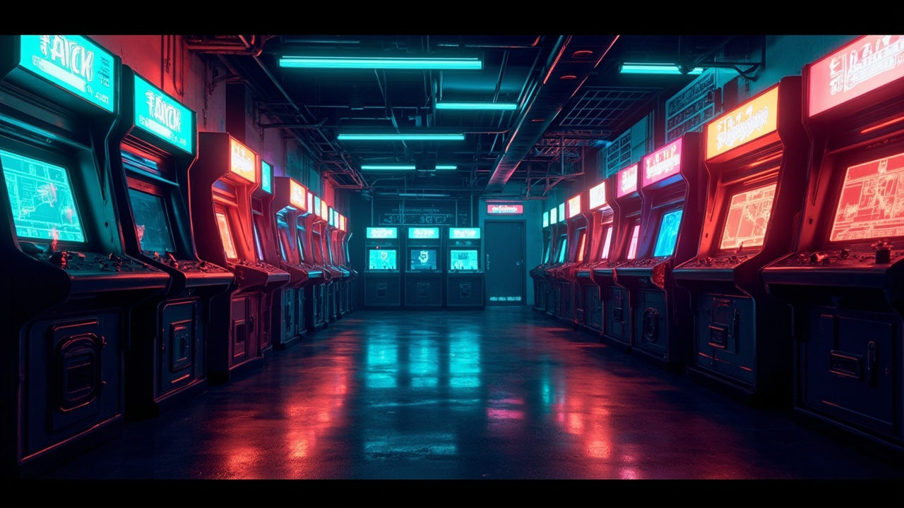 Illustration of a neon-lit retro arcade interior