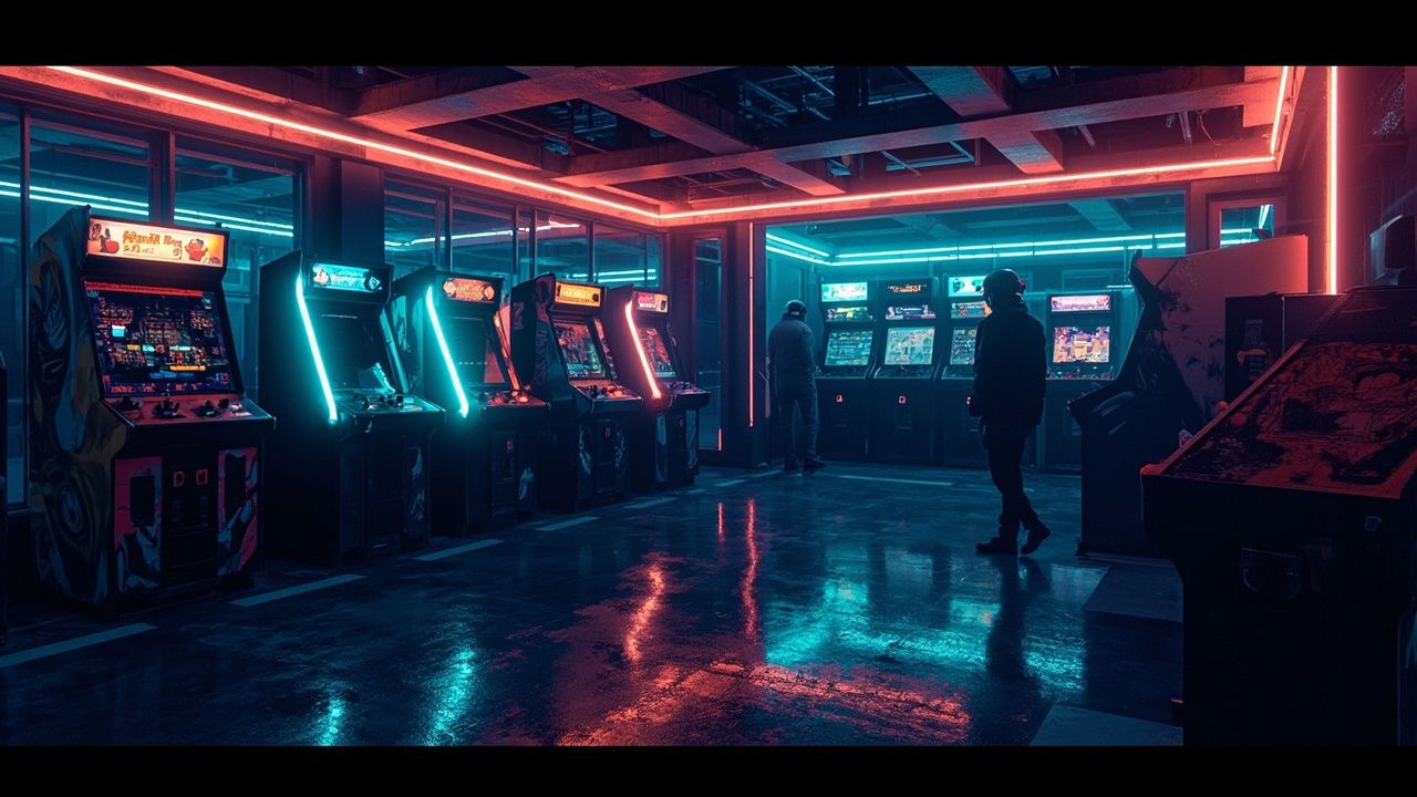 Illustration of a neon-lit retro arcade interior
