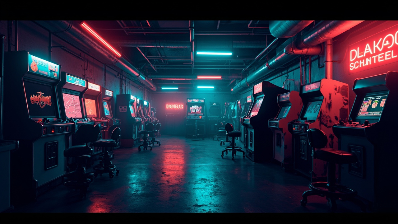 Illustration of a neon-lit retro arcade interior
