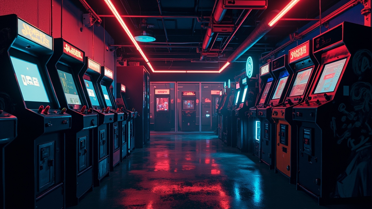 Illustration of a neon-lit retro arcade interior