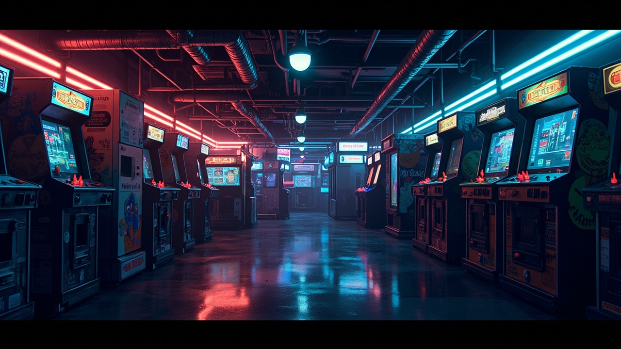 Illustration of a neon-lit retro arcade interior