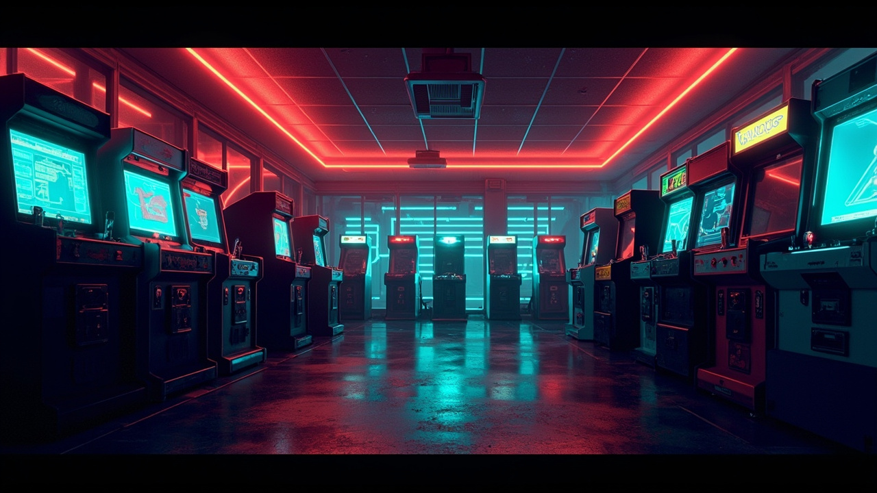 Illustration of a neon-lit retro arcade interior