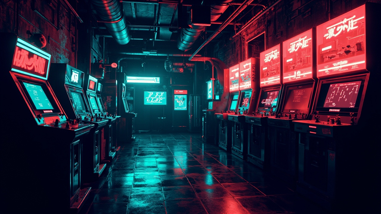 Illustration of a neon-lit retro arcade interior
