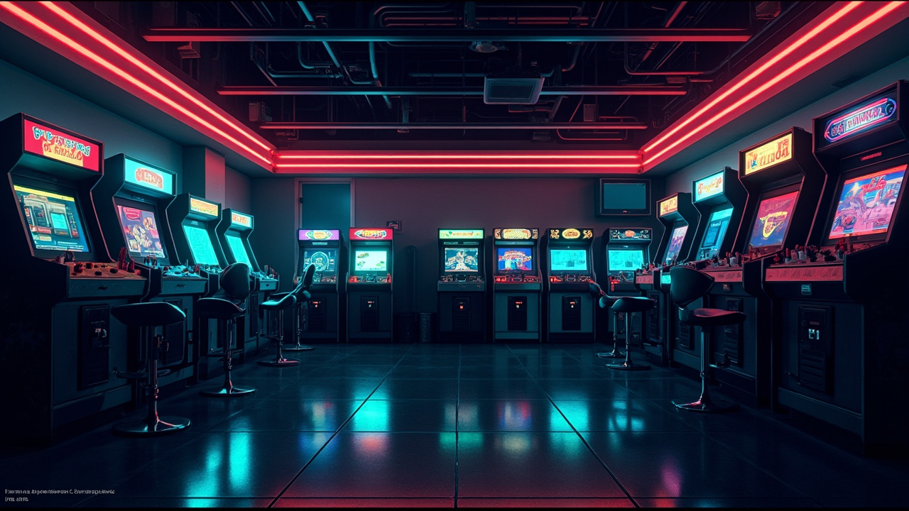 Illustration of a neon-lit retro arcade interior