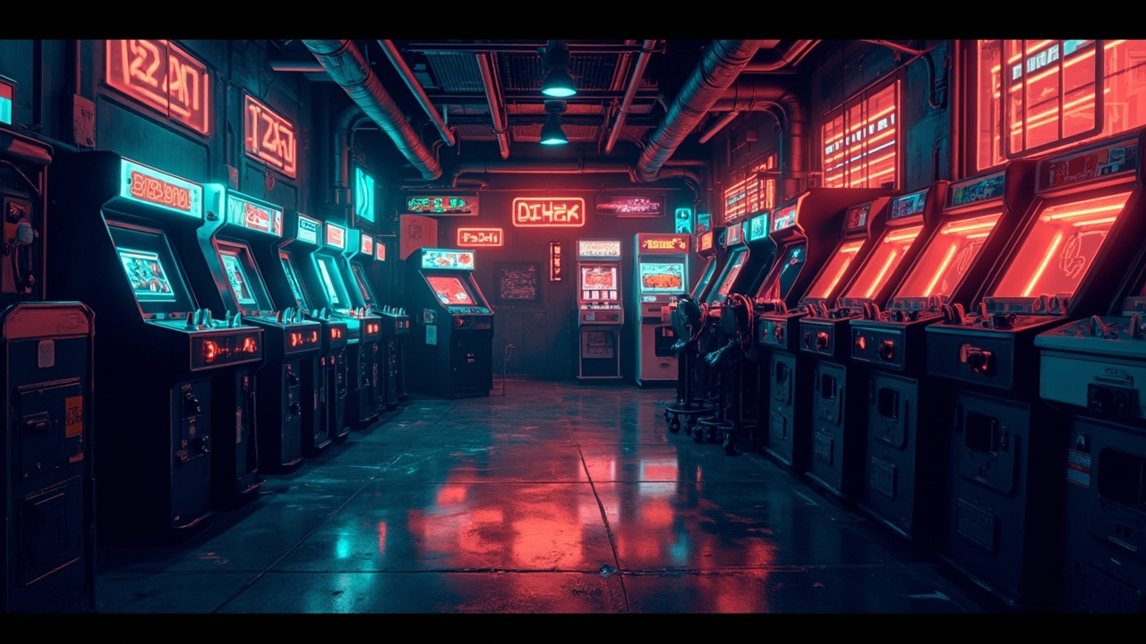 Illustration of a neon-lit retro arcade interior