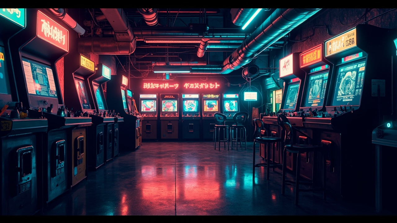 Illustration of a neon-lit retro arcade interior