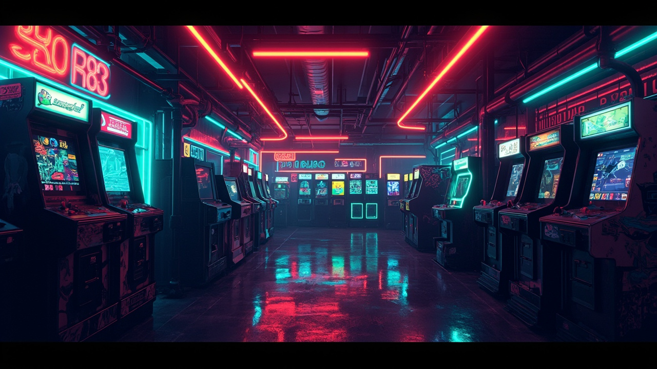Illustration of a neon-lit retro arcade interior