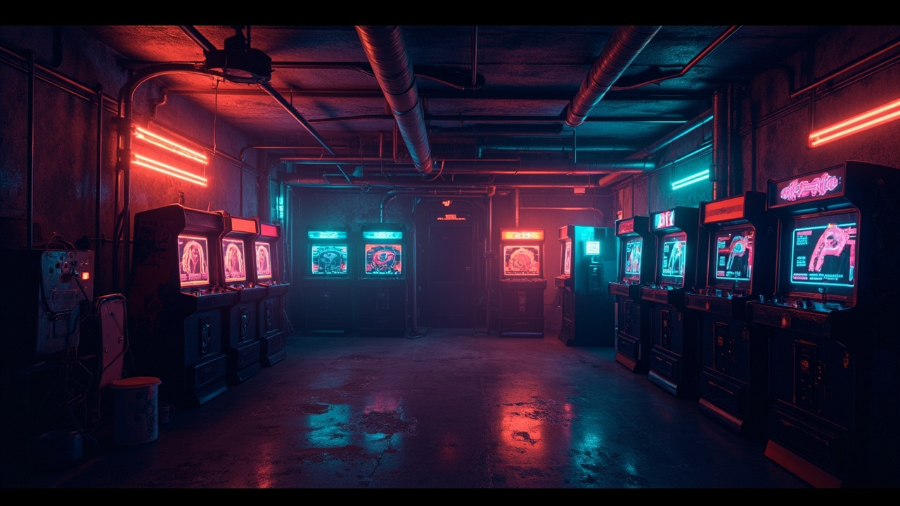 Illustration of a neon-lit retro arcade interior