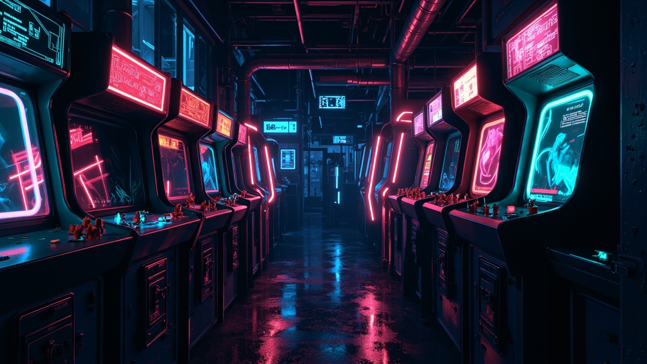 Illustration of a neon-lit retro arcade interior