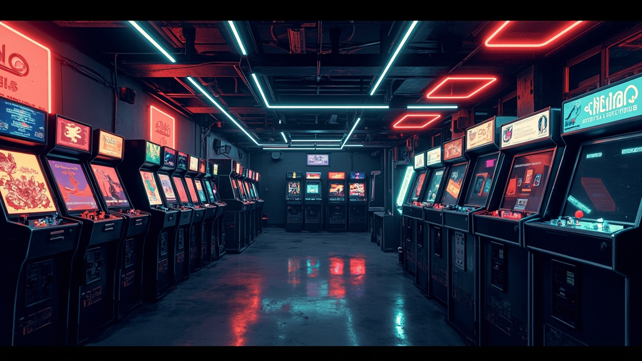 Illustration of a neon-lit retro arcade interior