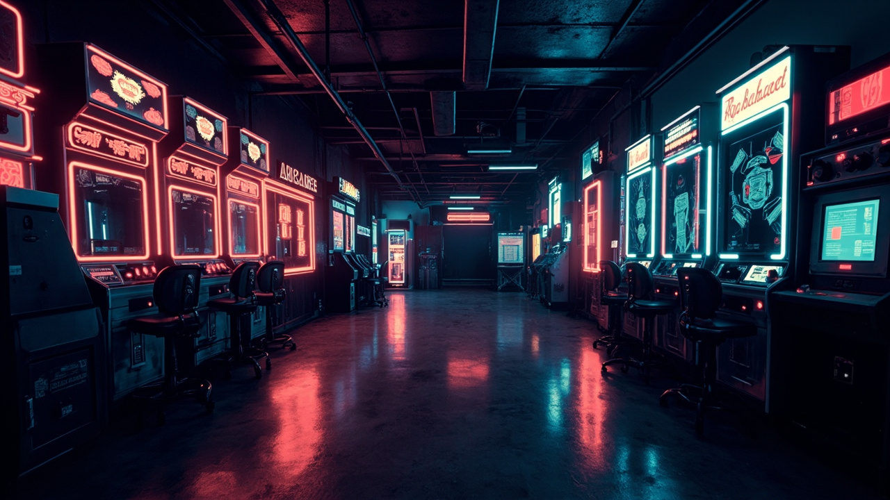 Illustration of a neon-lit retro arcade interior