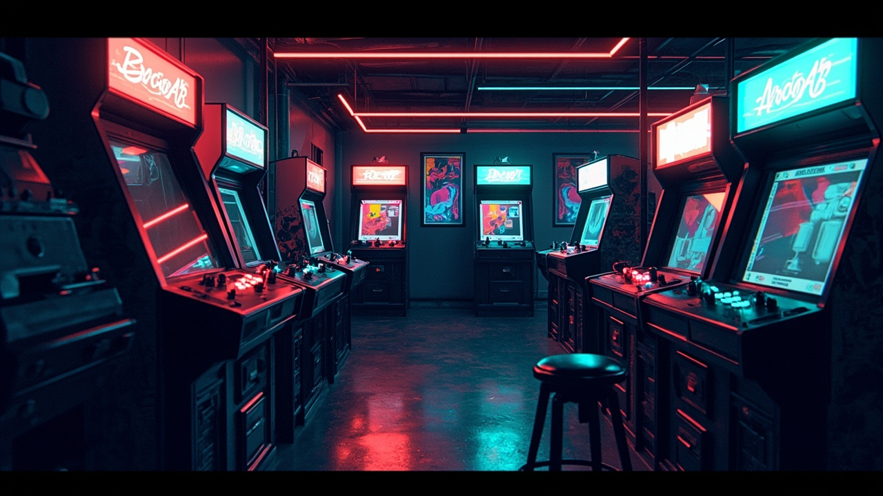 Illustration of a neon-lit retro arcade interior
