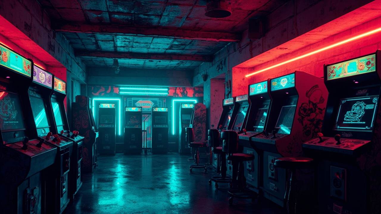 Illustration of a neon-lit retro arcade interior