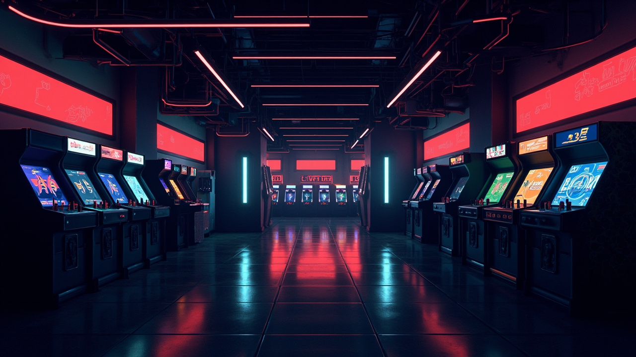Illustration of a neon-lit retro arcade interior