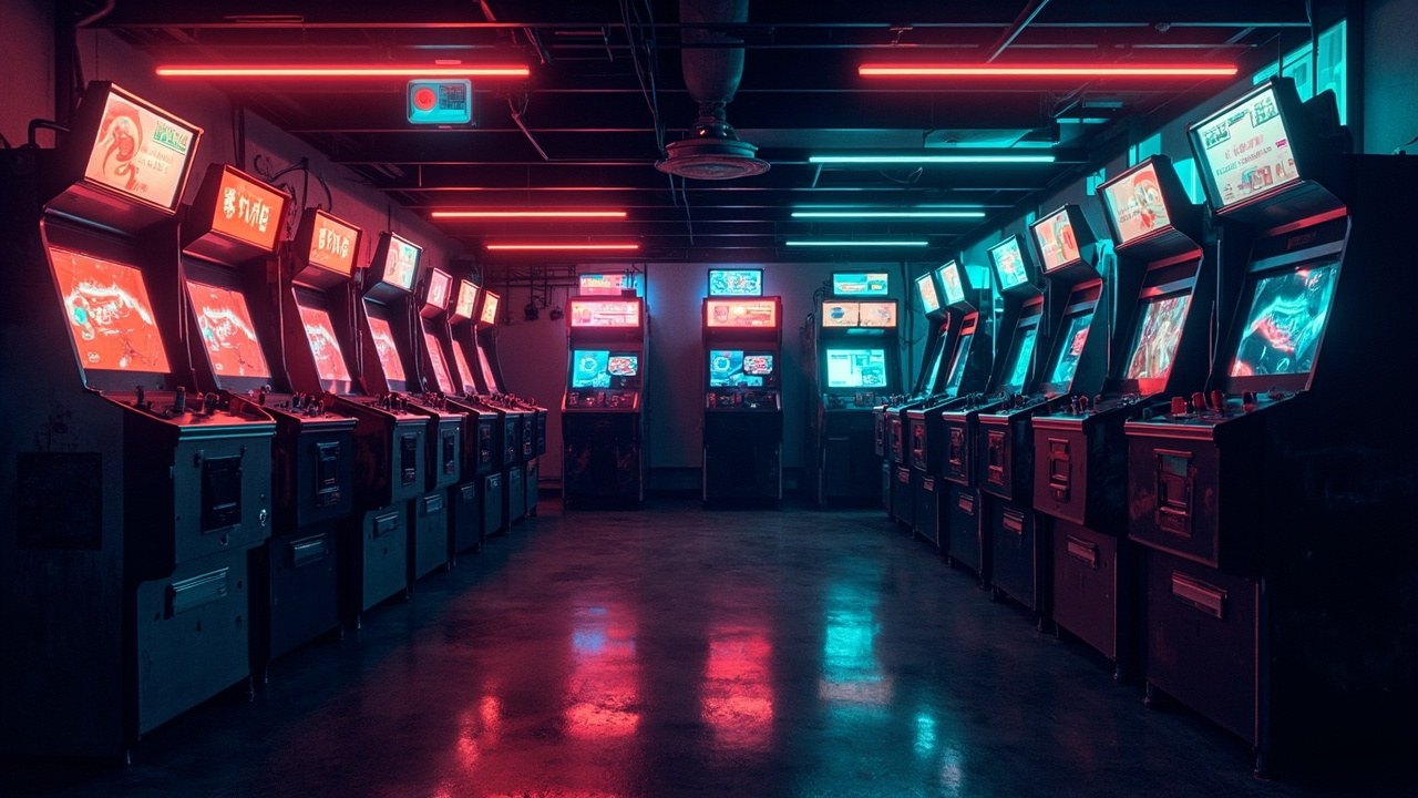 Illustration of a neon-lit retro arcade interior