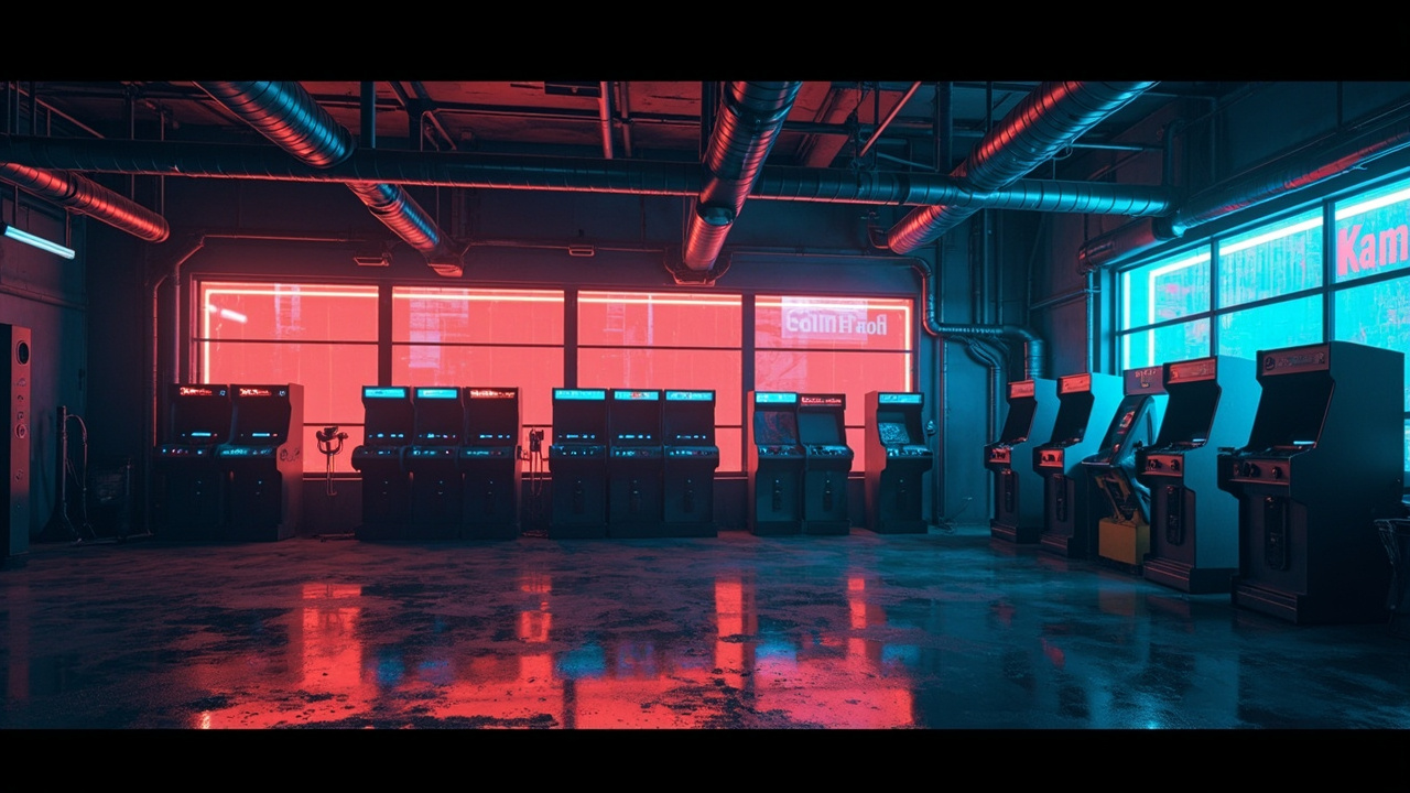 Illustration of a neon-lit retro arcade interior