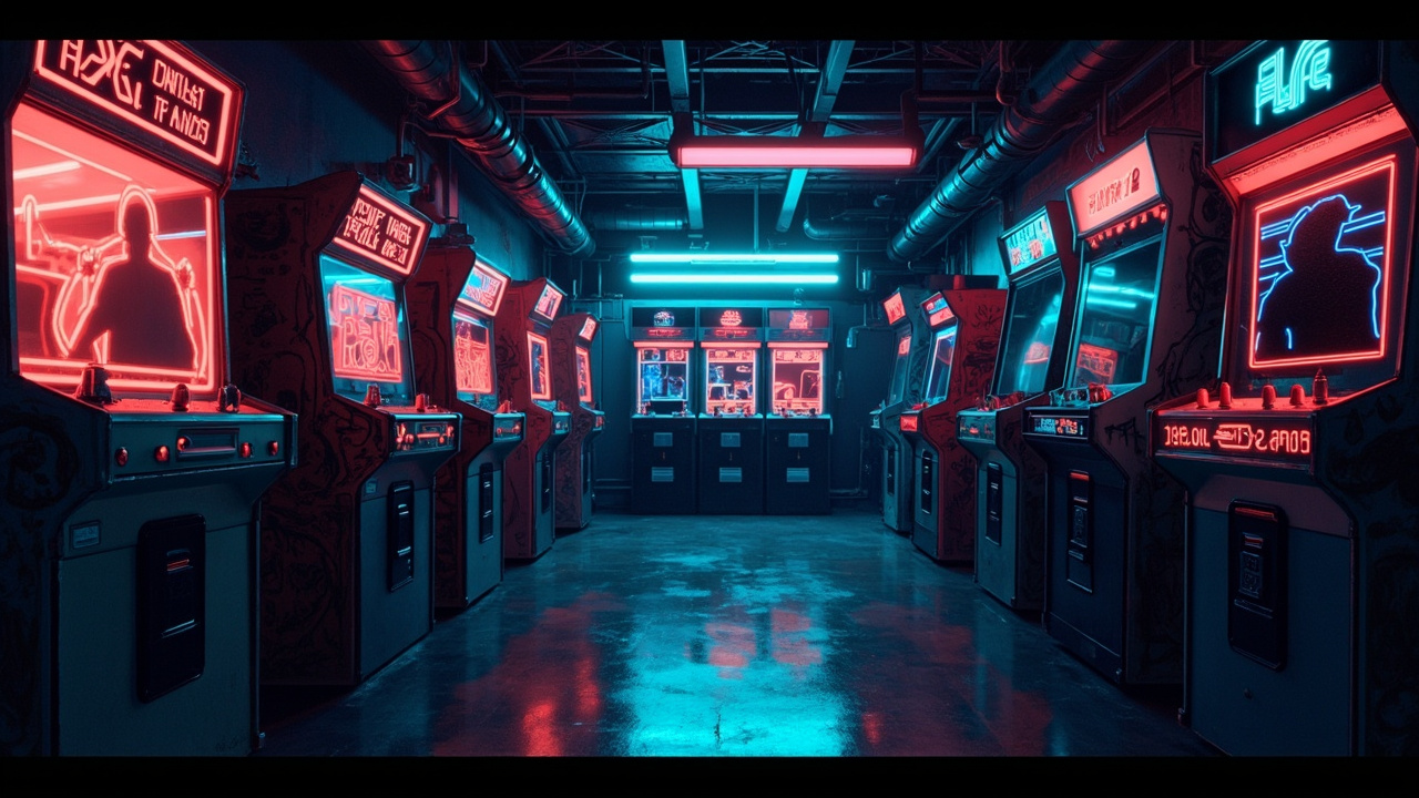 Illustration of a neon-lit retro arcade interior
