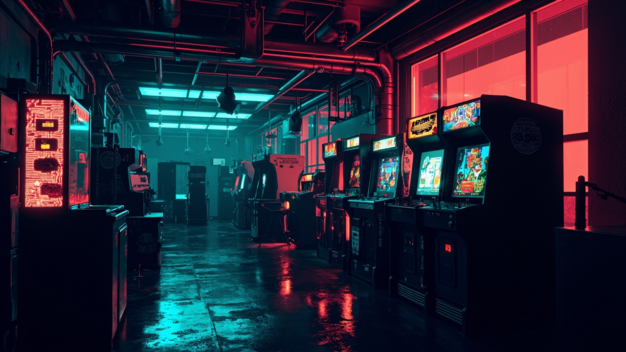 Illustration of a neon-lit retro arcade interior